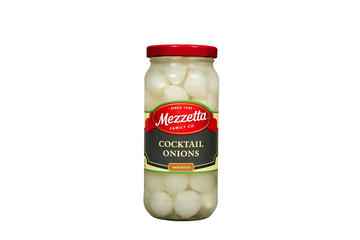 Mezzetta cocktail onions jar closeup highlighting crisp texture and tangy flavor.