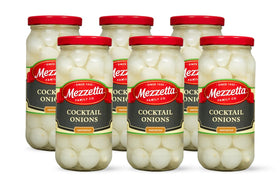 Mezzetta cocktail onions in jar front view for elegant garnish and easy serving.