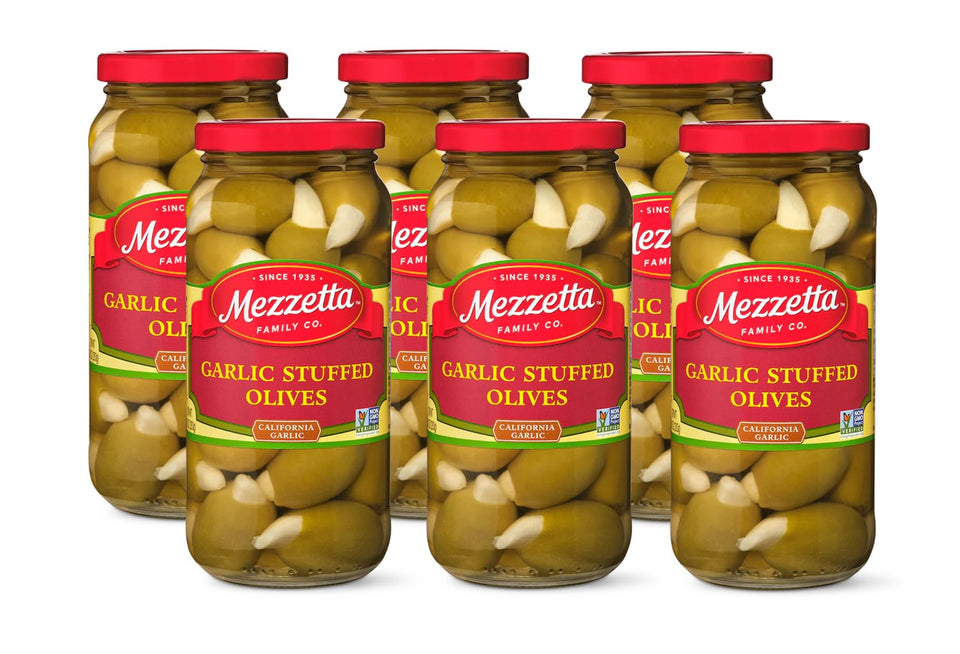 Mezzetta garlic stuffed olives with Greek green olives, premium appetizer option