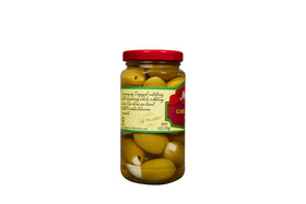 Mezzetta garlic stuffed olives on pasta, delivering zesty garlic flavor with Halkidiki olives.