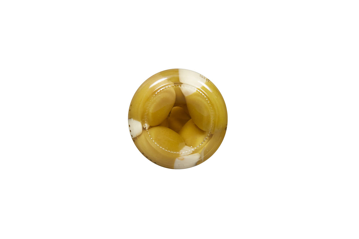 Mezzetta garlic stuffed olives as a quick snack, shelf-stable and ready-to-serve.