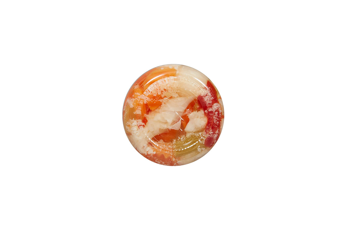 Mezzetta Giardiniera Mild jar in fridge—keeps vegetables crisp for quick meals.