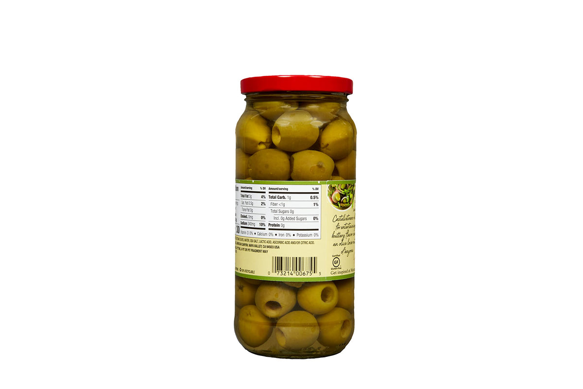 Mezzetta green olives, buttery flavor, ideal for snacking or topping pasta.