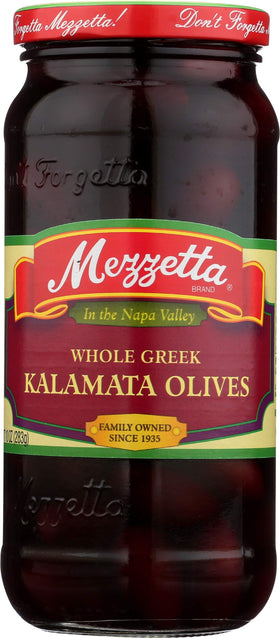 Mezzetta Kalamata olives in a jar close-up highlighting rich color and texture.