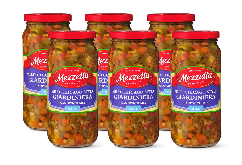 Mezzetta Mild Giardiniera Chicago Style jar with crisp vegetables for bold flavor.