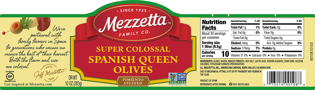 Mezzetta super-colossal green olives closeup showing size.
