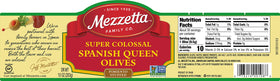 Mezzetta super-colossal green olives closeup showing size.