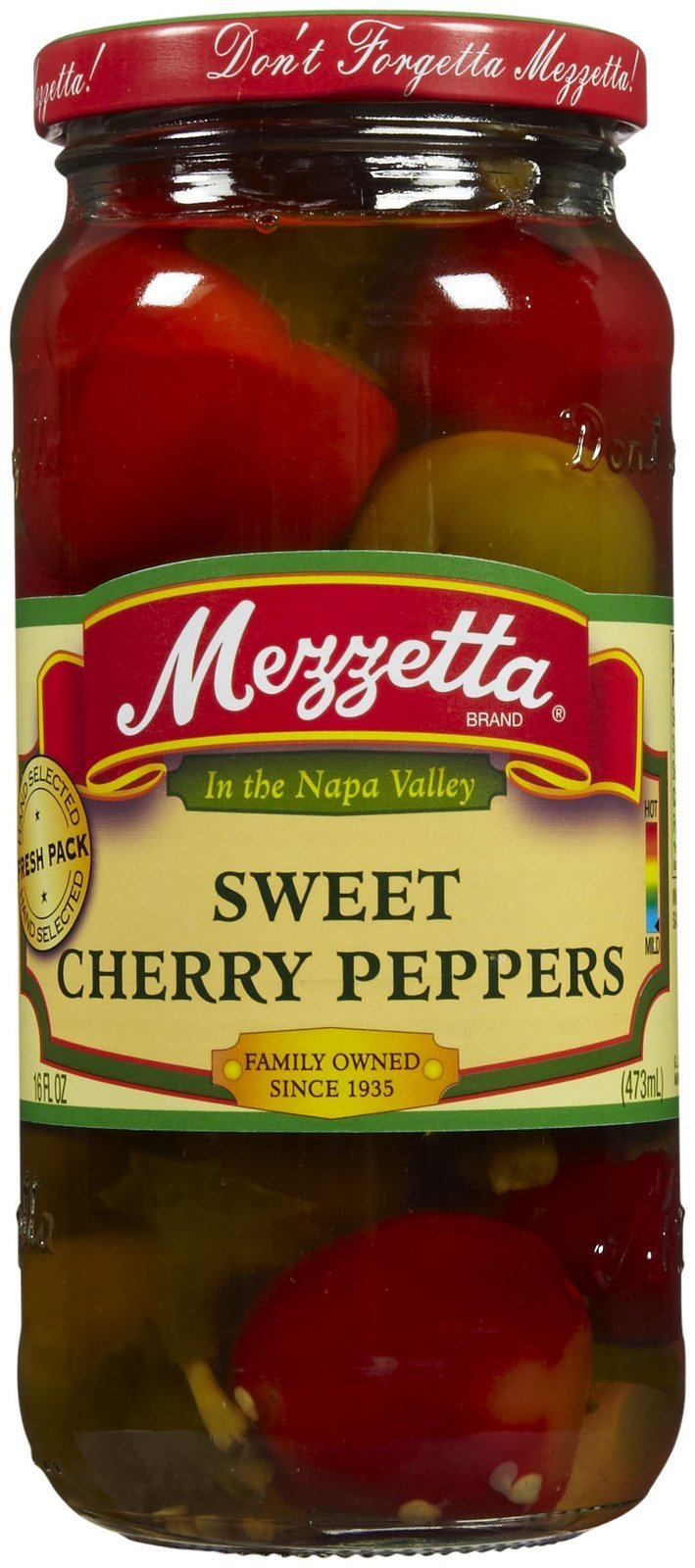 Mezzetta Sweet Cherry Peppers in a glass jar, ideal for sandwiches and antipasto.