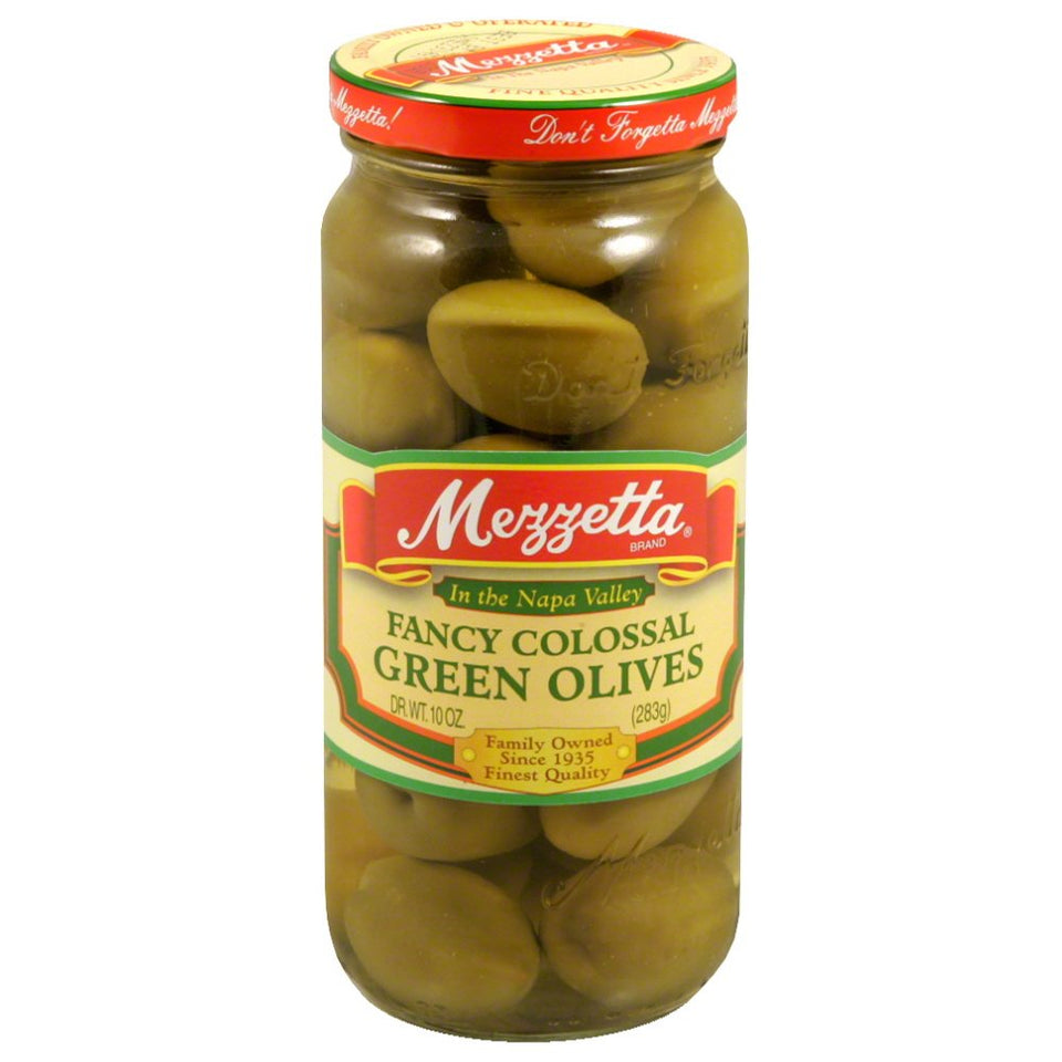Mezzetta whole fancy colossal green olives for tapas and martini garnishes.