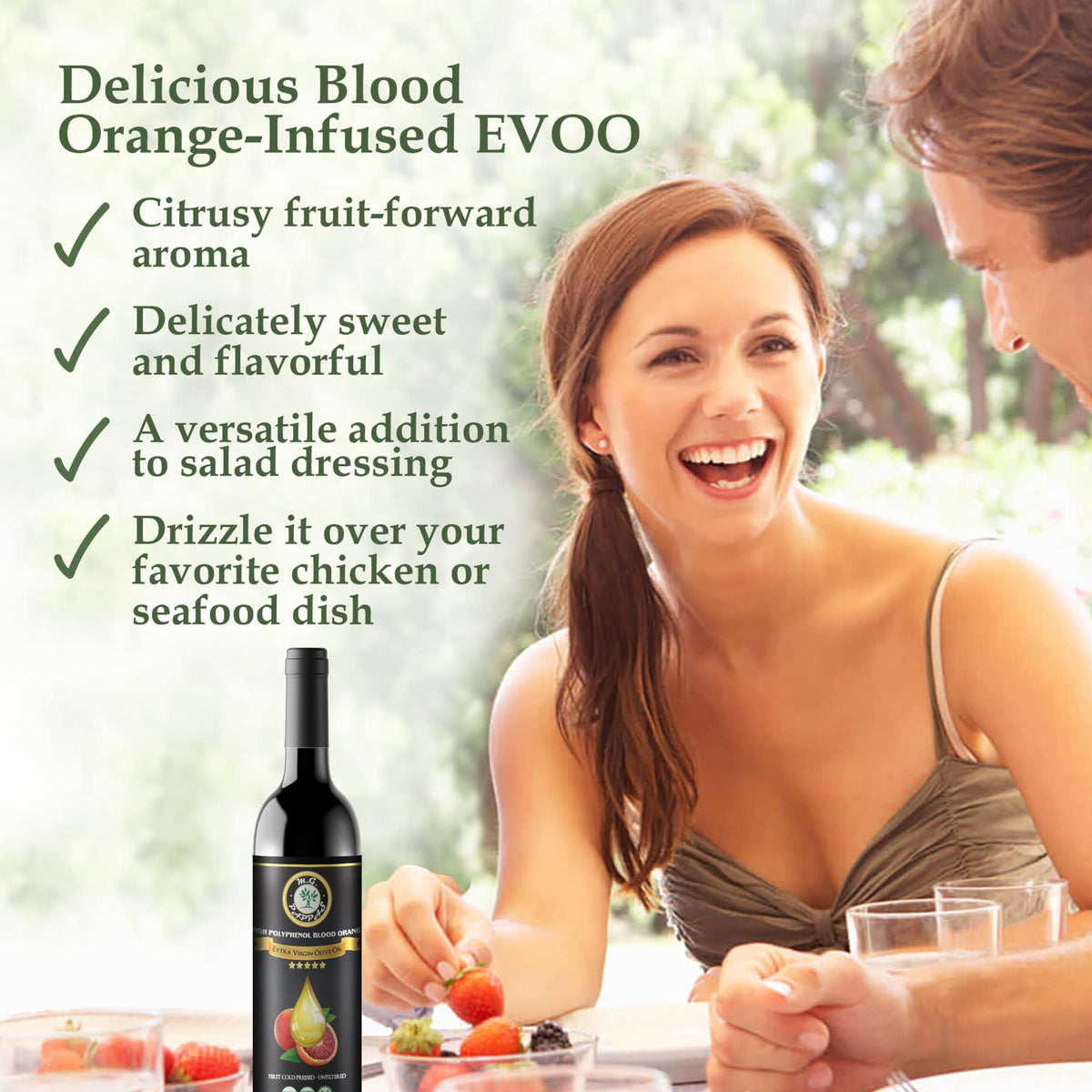Pouring M.G. PAPPAS blood orange olive oil highlighting citrus finish
