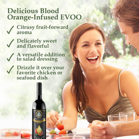 Pouring M.G. PAPPAS blood orange olive oil highlighting citrus finish