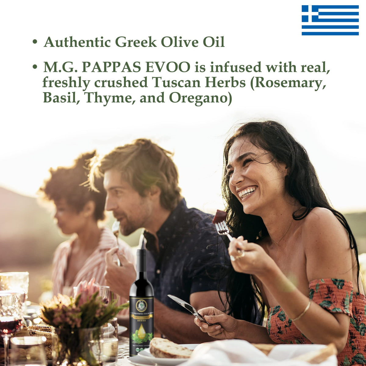 M.G. PAPPAS bottle pour shot shows drizzle-friendly oil for finishing.