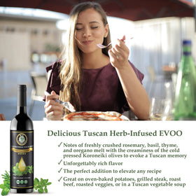M.G. PAPPAS herbs-infused EVOO bottle highlights basil and rosemary for finishing dishes.