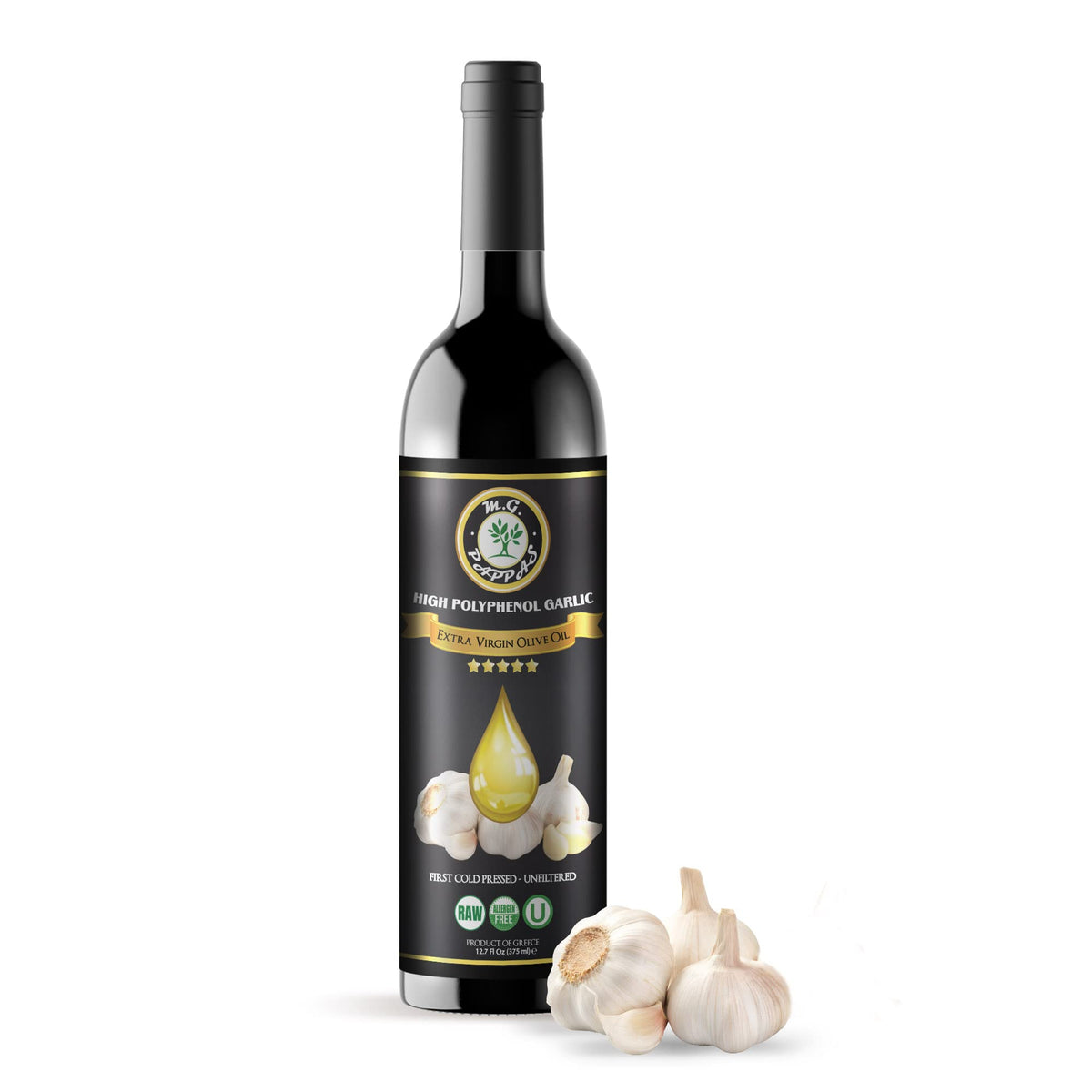 M.G. PAPPAS garlic olive oil bottle showing premium Greek EVOO and polyphenols