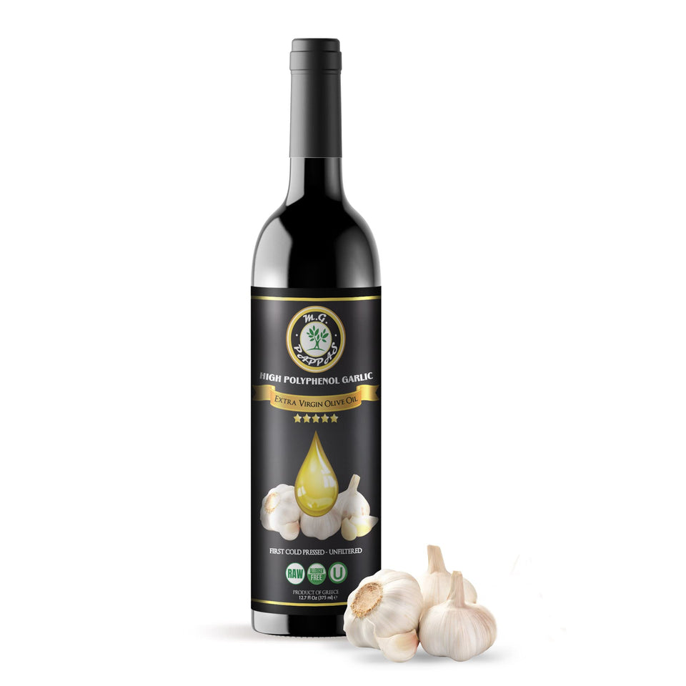 M.G. PAPPAS garlic olive oil bottle showing premium Greek EVOO and polyphenols
