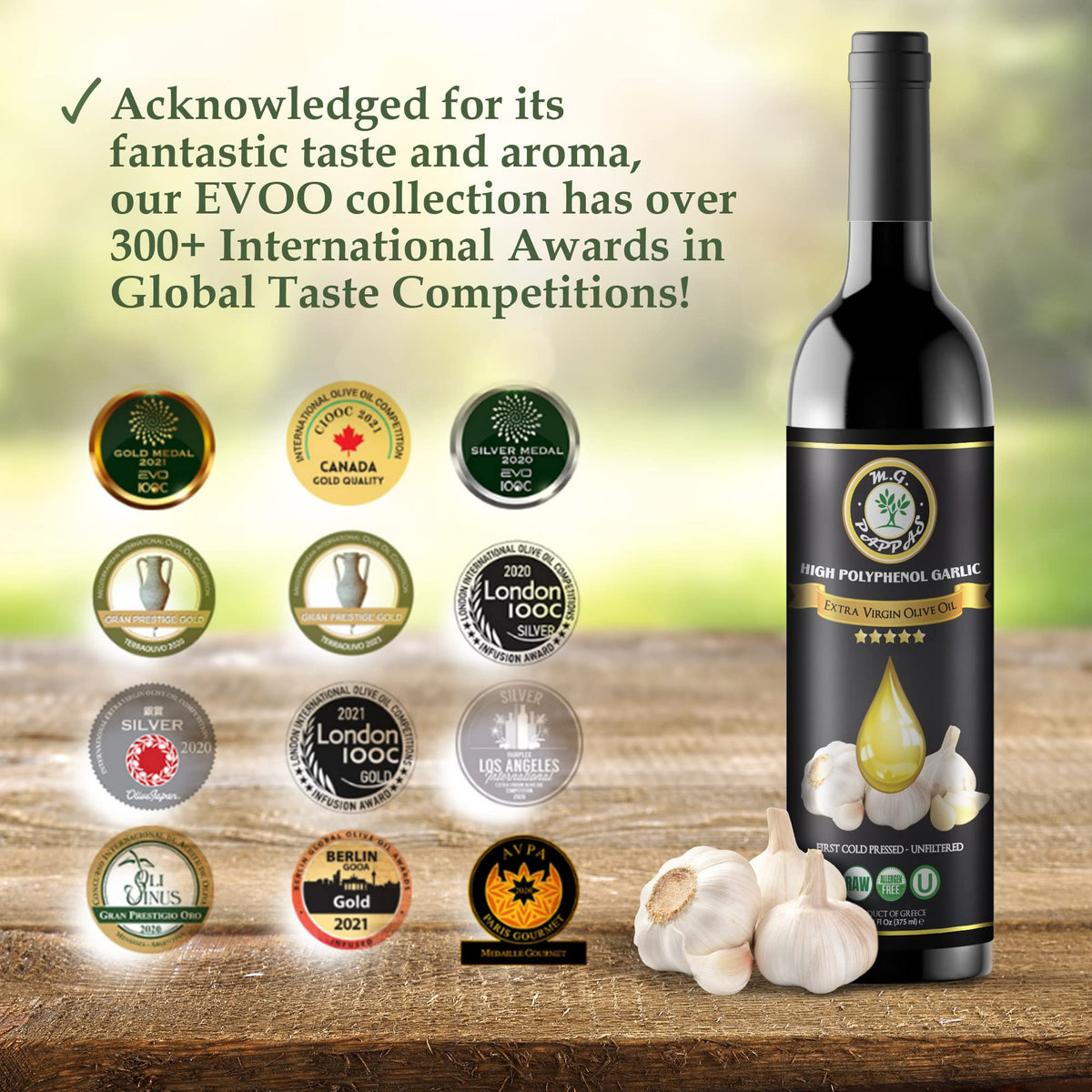 M.G. PAPPAS garlic olive oil kitchen display with legible label