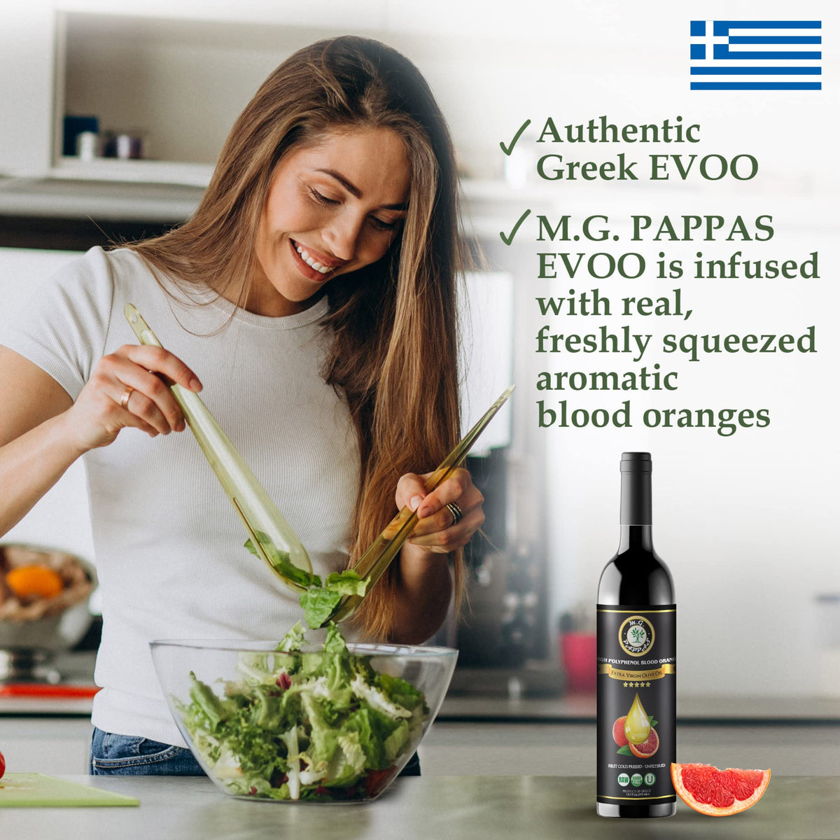 M.G. PAPPAS Koroneiki olives bottle emphasizing single-origin heritage