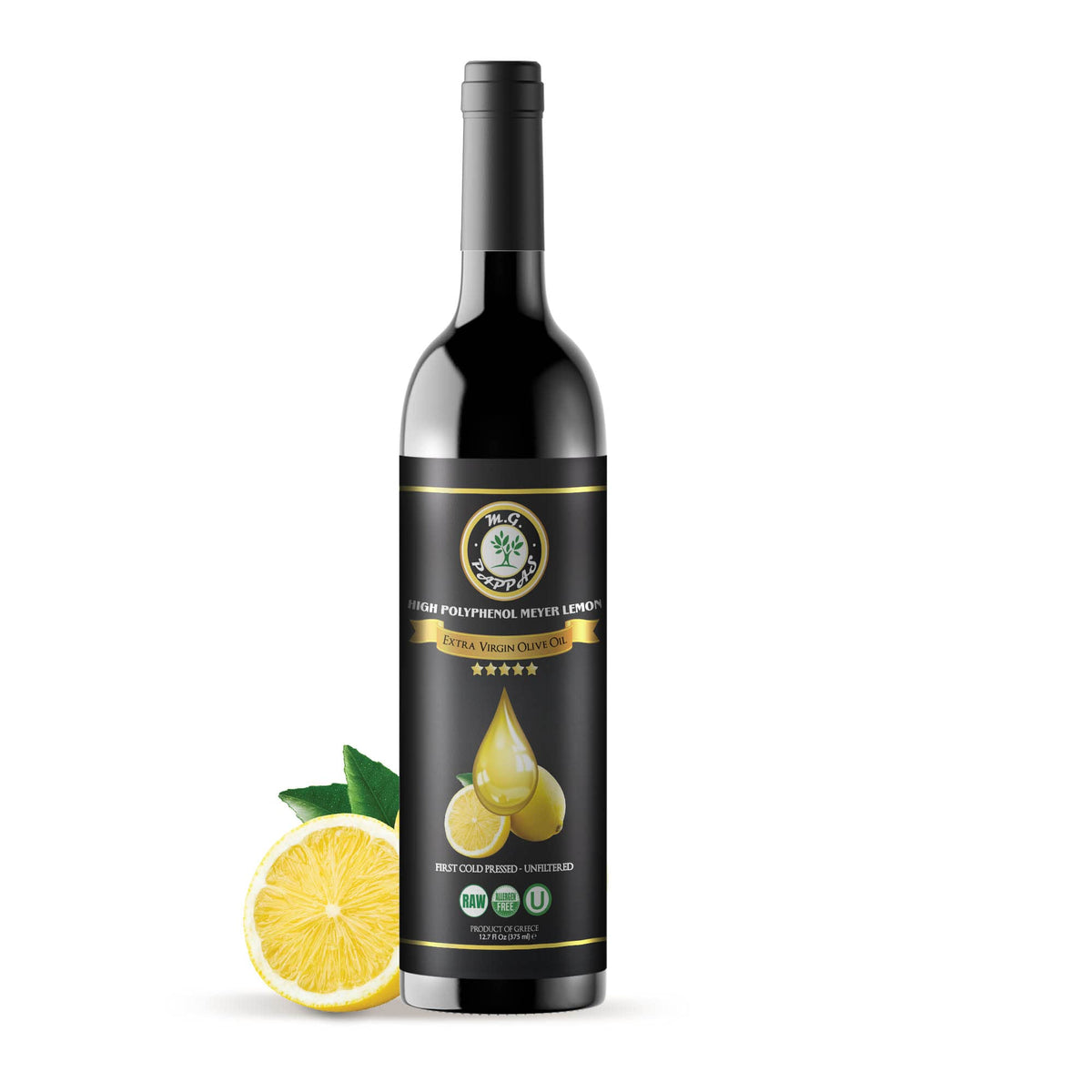 M.G. PAPPAS Meyer lemon olive oil bottle pour with bright citrus aroma.