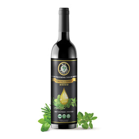 M.G. PAPPAS Tuscan Herb EVOO bottle close-up for salads and dipping.