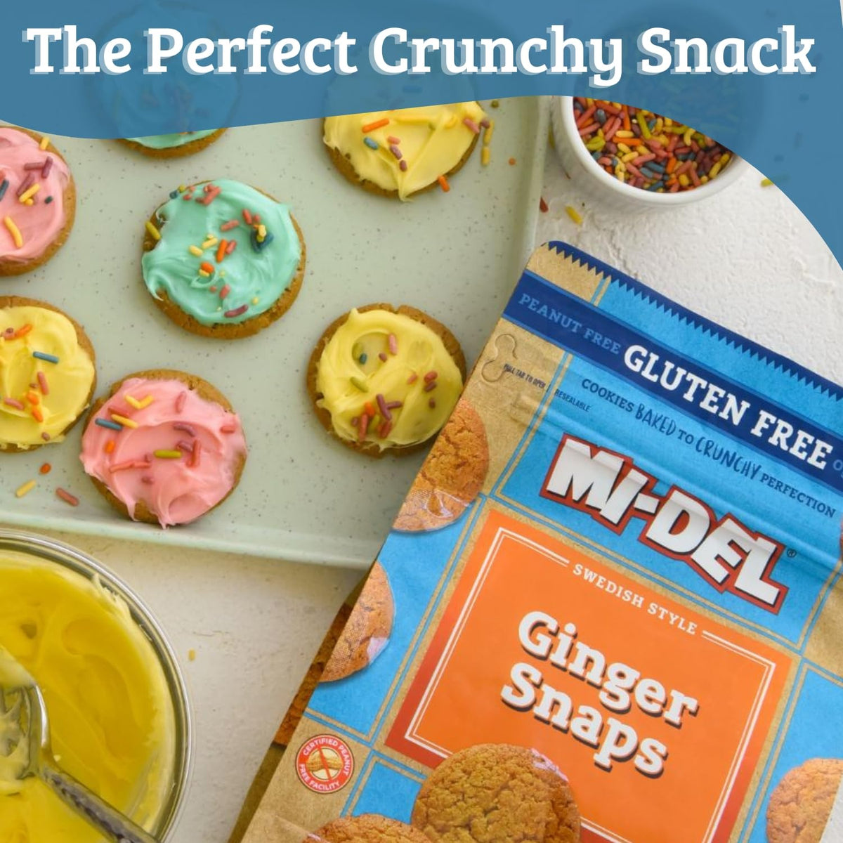 Mi-Del Ginger Snaps ingredients label emphasizing non-GMO and peanut-free.