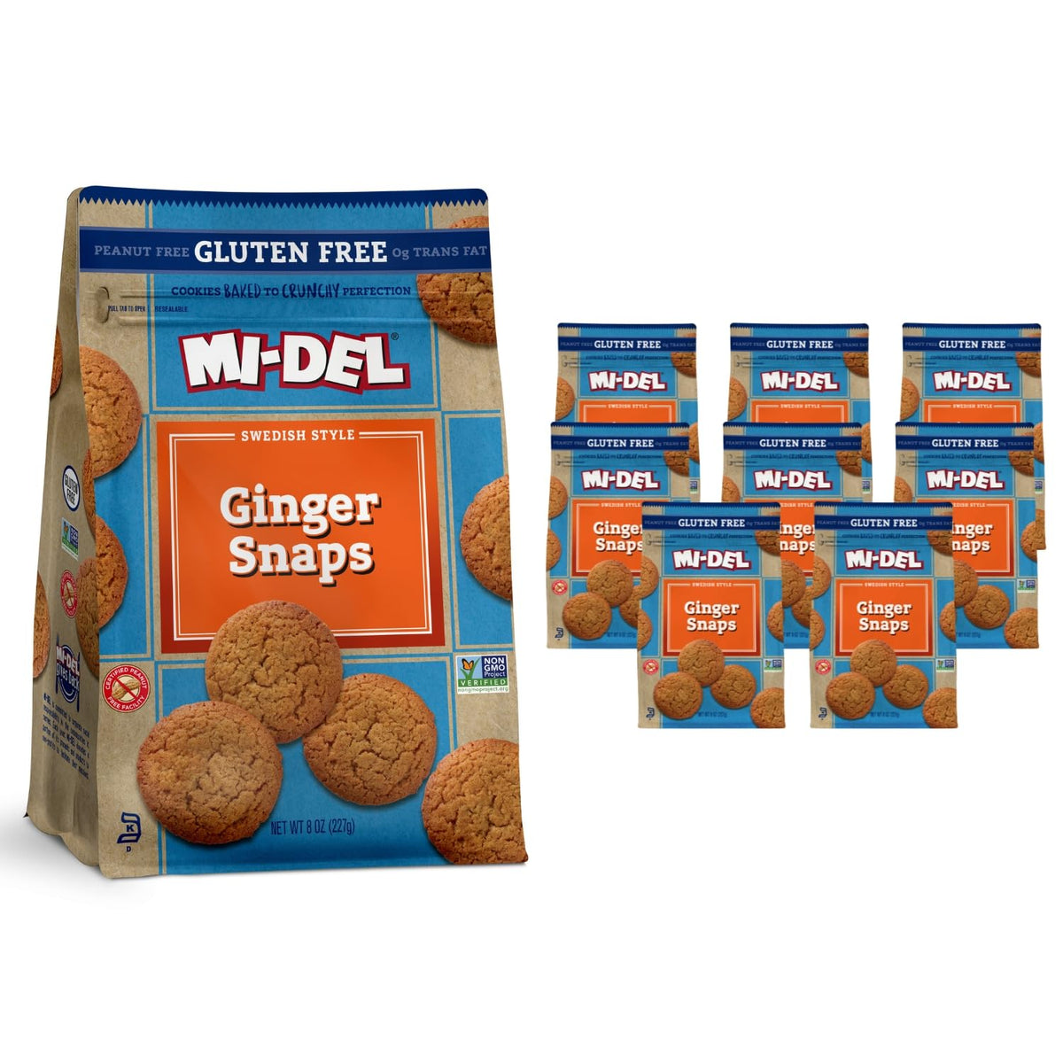 Mi-Del Ginger Snaps package view highlighting gluten-free and kosher labels.