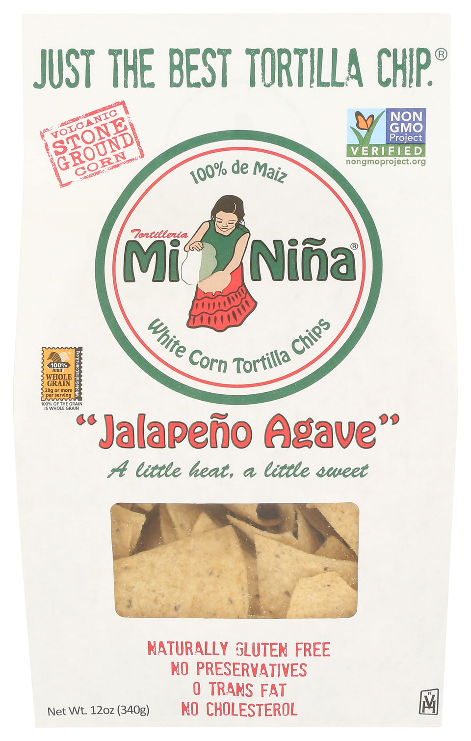 Mi Nina Jalapeño Agave tortilla chips bag view for bold snacking.