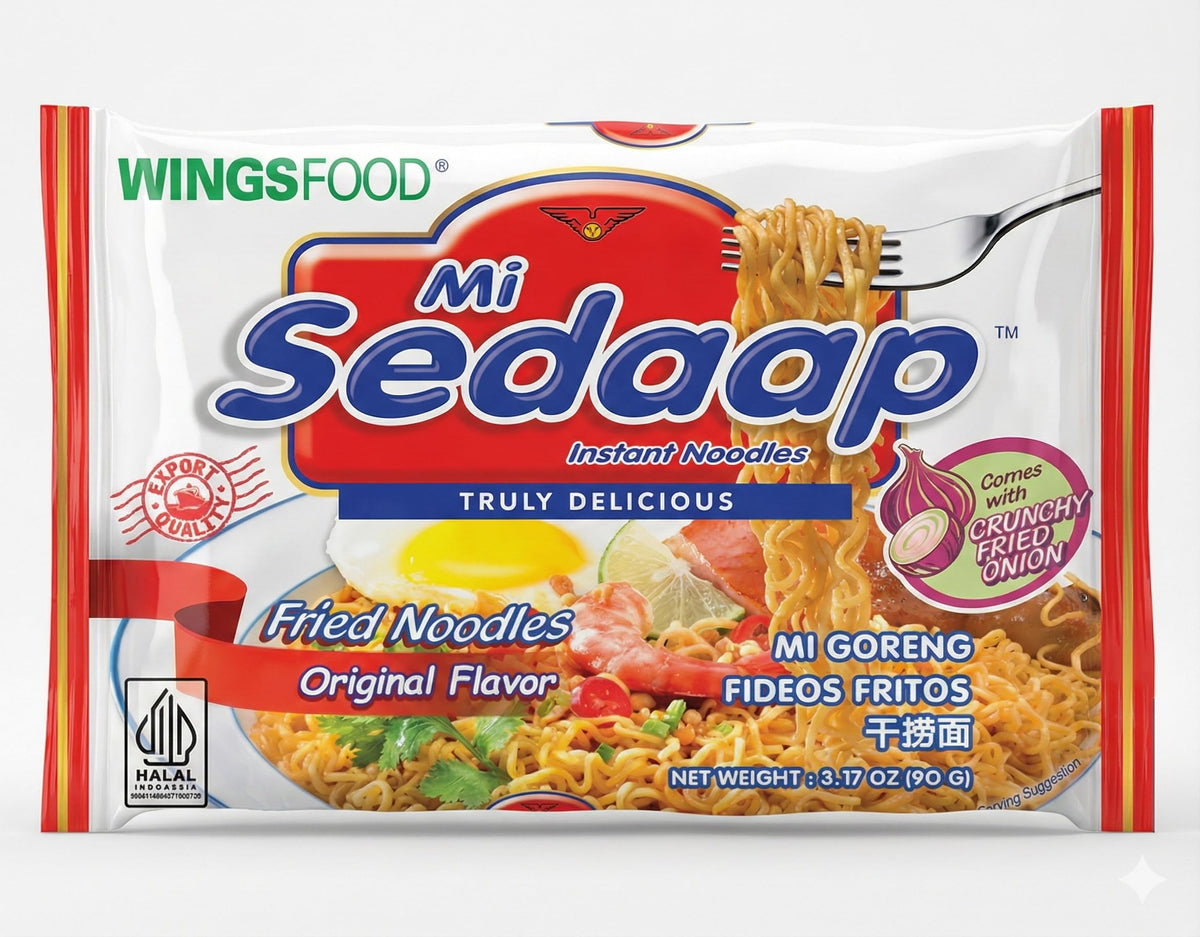 Mi Sedaap noodles-raw-dried-bundle shows essential ingredients for home cooking.