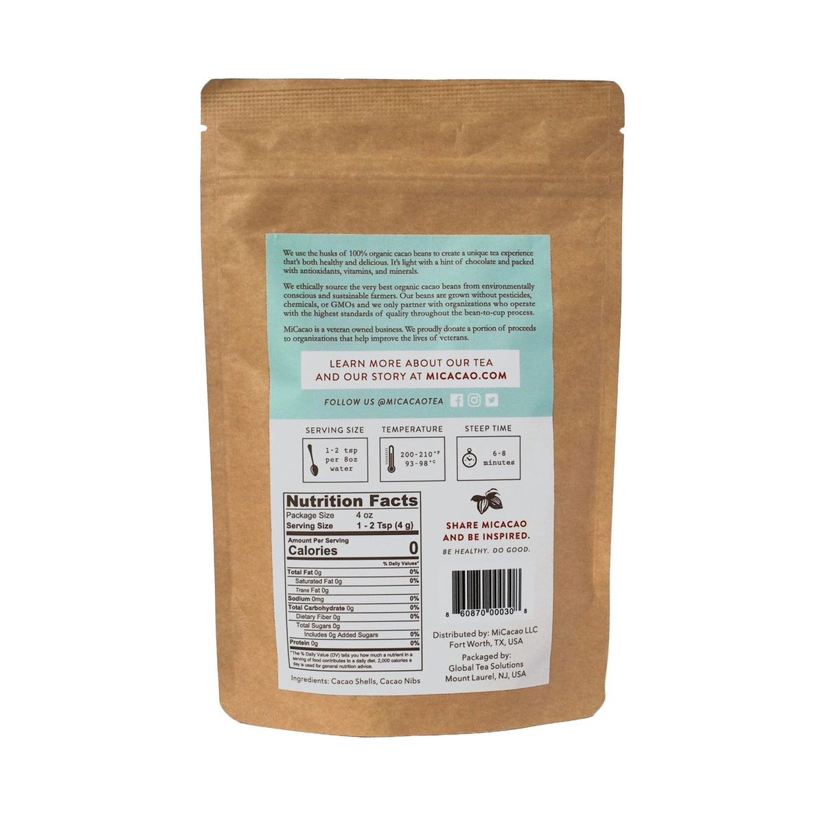 MiCacao cacao tea loose leaves closeup — vegan, gluten-free tea option.