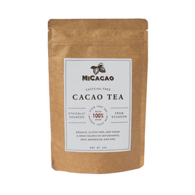 MiCacao cacao tea packaging display — small-batch organic quality.