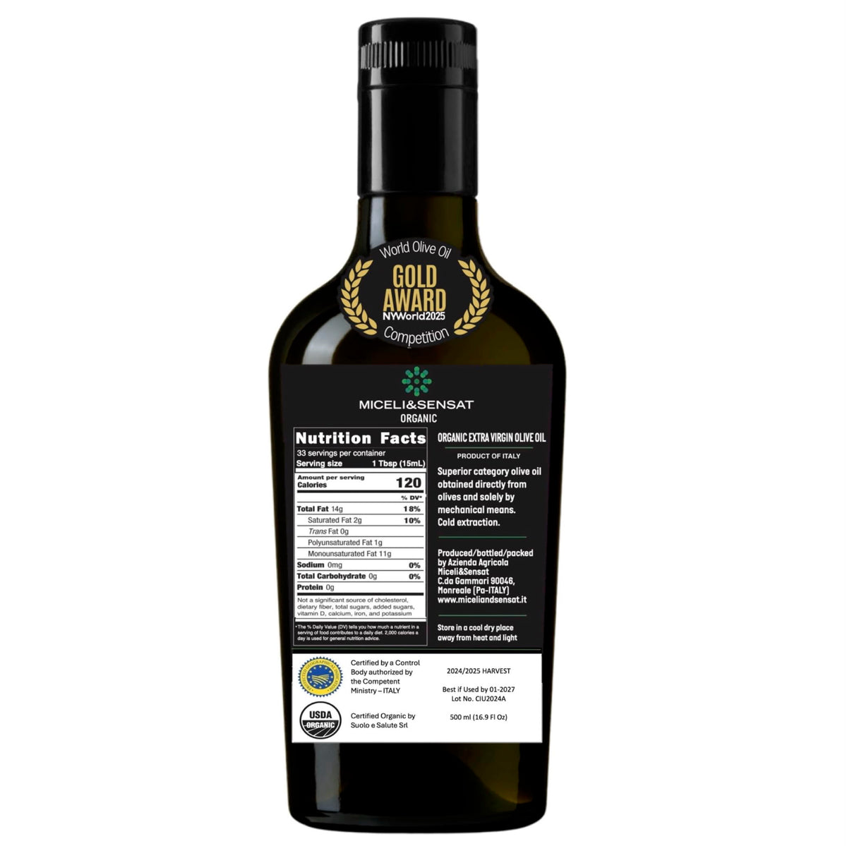 MICELI&SENSAT Harvest date label—fresh harvest 2024–2025 highlights quality.