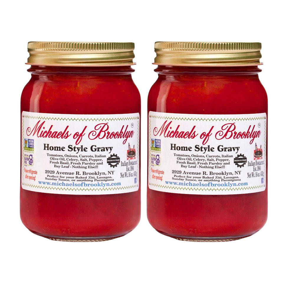 Michaels Of Brooklyn Homestyle Gravy Tomato Sauce jar with fresh basil, ideal sauce base for flavorful pasta