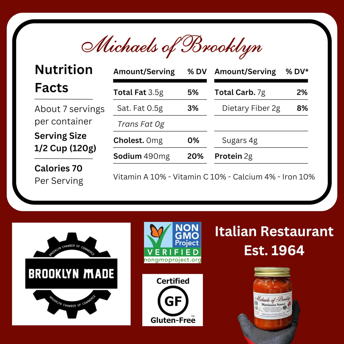 Michaels Of Brooklyn Putanesca sauce label closeup, highlighting non-GMO verification