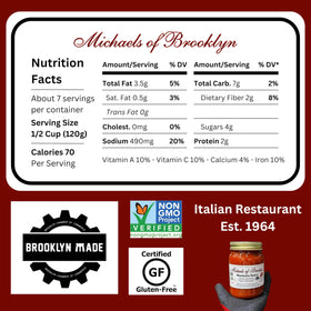 Michaels Of Brooklyn Putanesca sauce label closeup, highlighting non-GMO verification