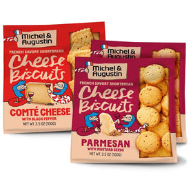 Michel et Augustin Parmesan with Mustard Seeds crackers on a cheese board, ideal for entertaining.