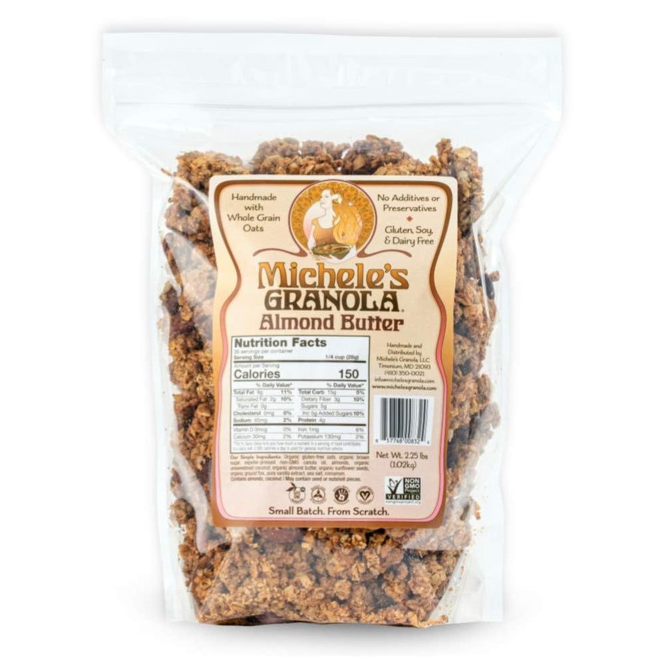 Michele’s Granola Almond Butter bag with resealable pouch for on-the-go breakfasts.
