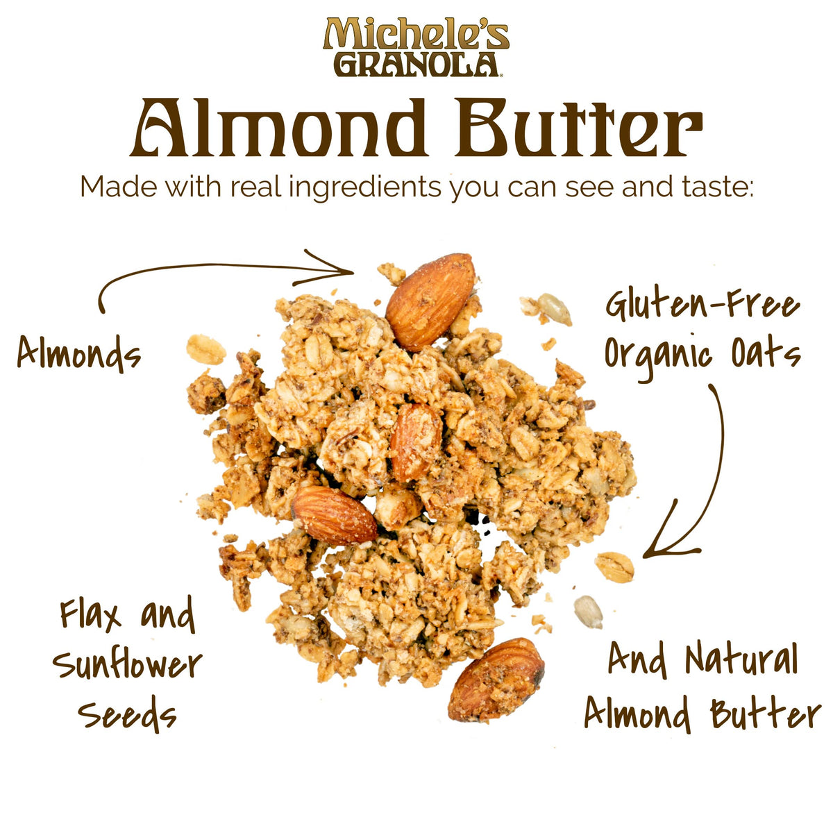 Close-up of almond butter swirl in Michele’s Granola for creamy crunch.