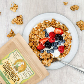 Michele's Granola Original almonds and sunflowers closeup emphasize protein and crunch.