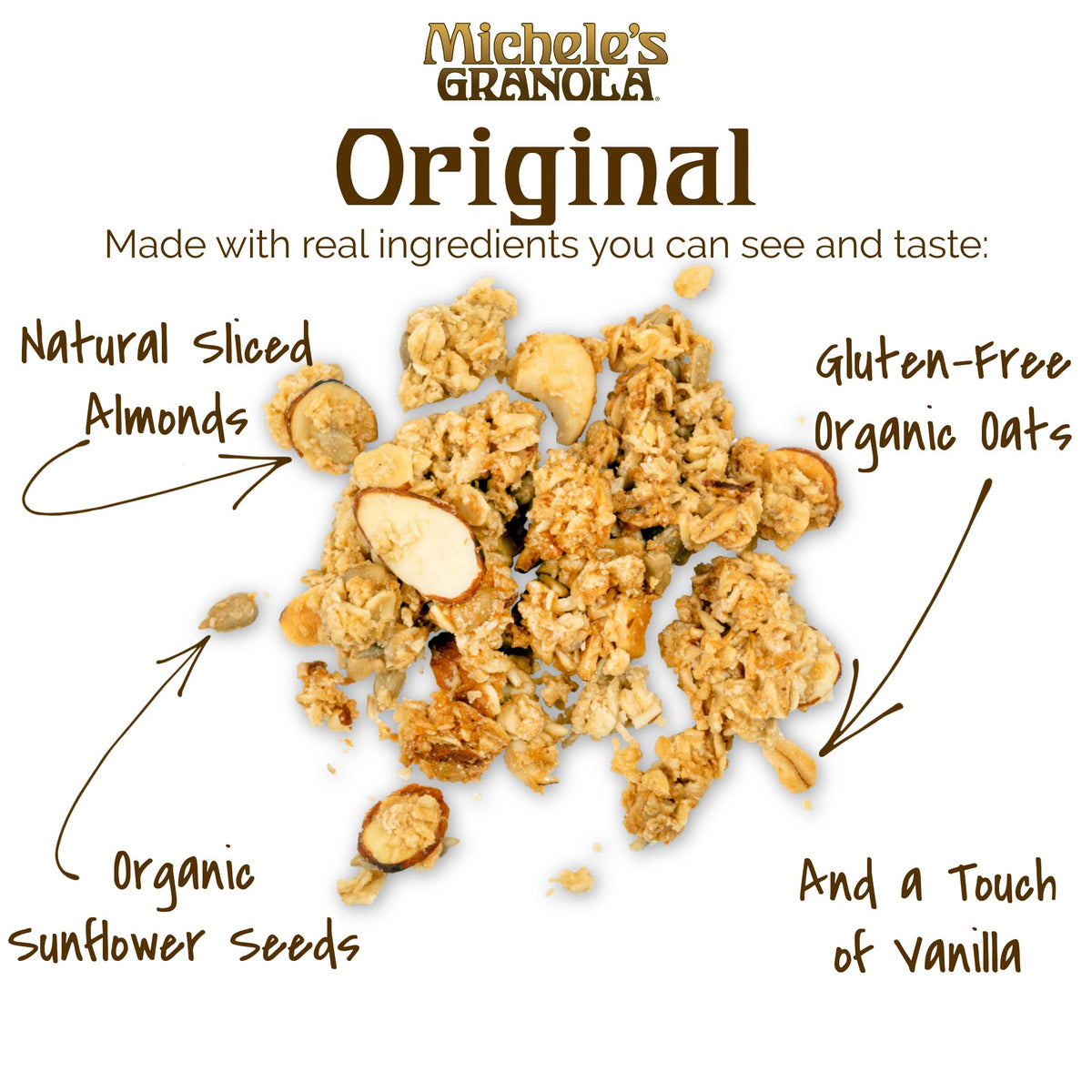 Michele's Granola Original serving bowl showcases a crunchy topping for breakfast bowls.