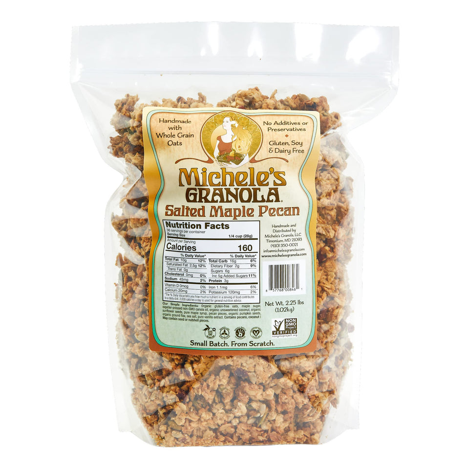 Michele's Granola Salted Maple Pecan bag shows a crunchy breakfast staple