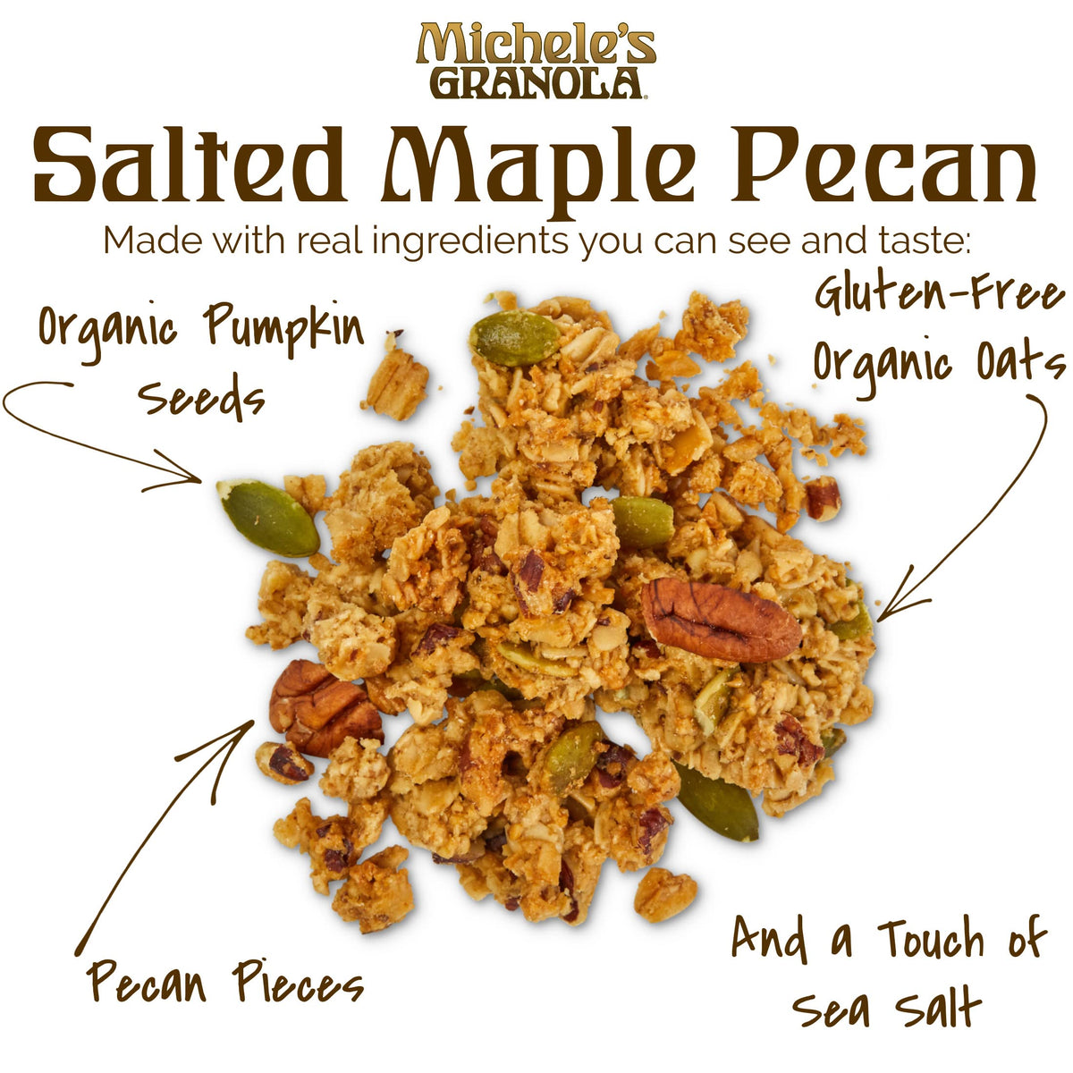 Michele's Granola Salted Maple Pecan served in a bowl, yogurt topping