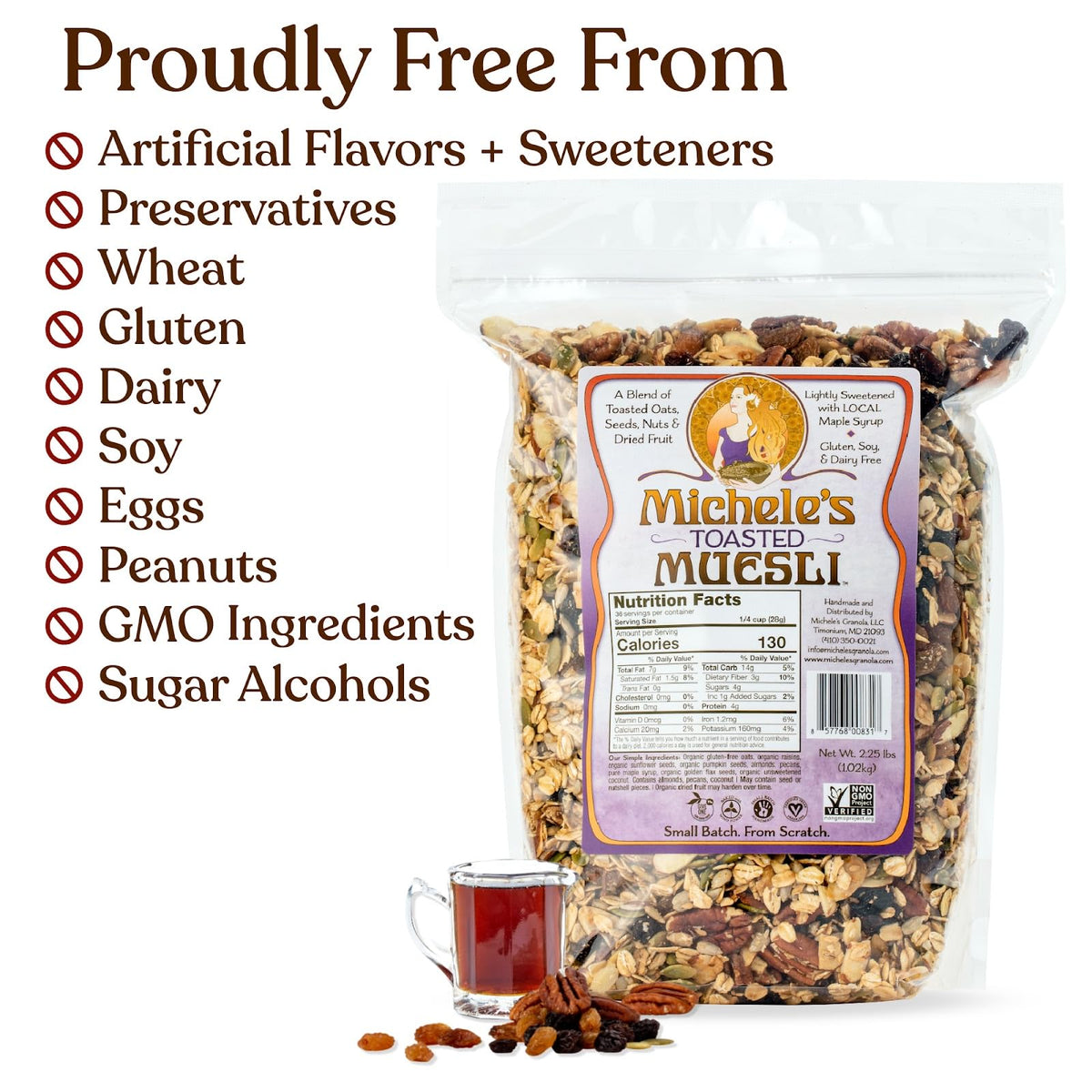 Michele's Toasted Muesli resealable bag, gluten-free and non-GMO.