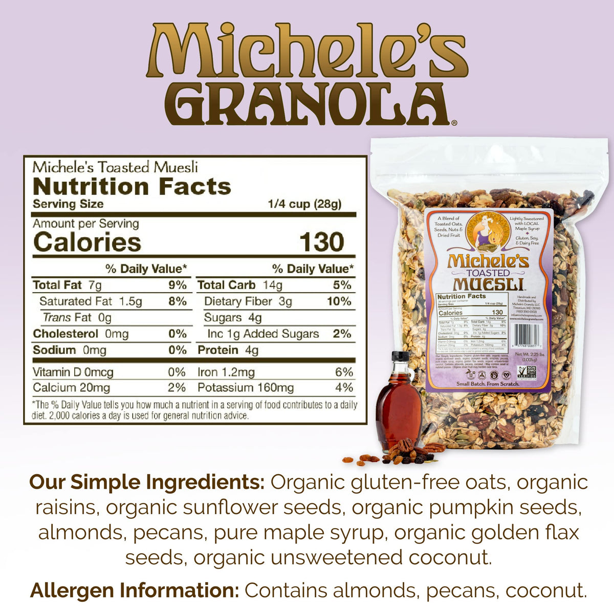 Close-up of oats, seeds, nuts and dried fruit in Michele's Toasted Muesli, nutritious mix.