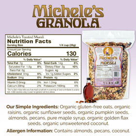 Close-up of oats, seeds, nuts and dried fruit in Michele's Toasted Muesli, nutritious mix.