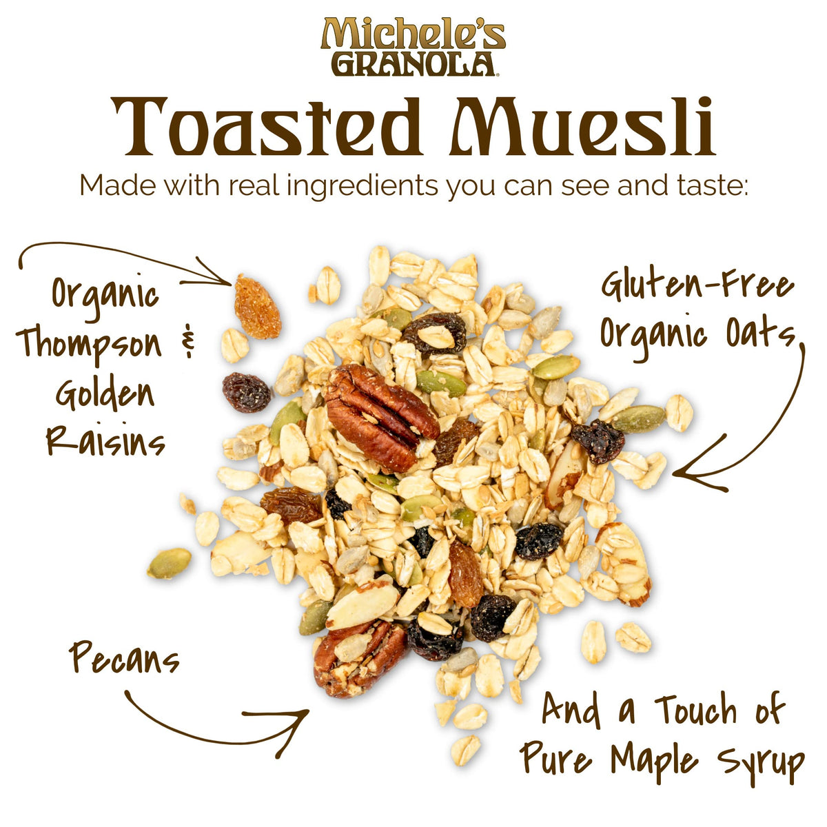 Pouring Michele's Toasted Muesli into a bowl for a quick, versatile breakfast.