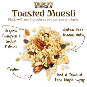 Pouring Michele's Toasted Muesli into a bowl for a quick, versatile breakfast.