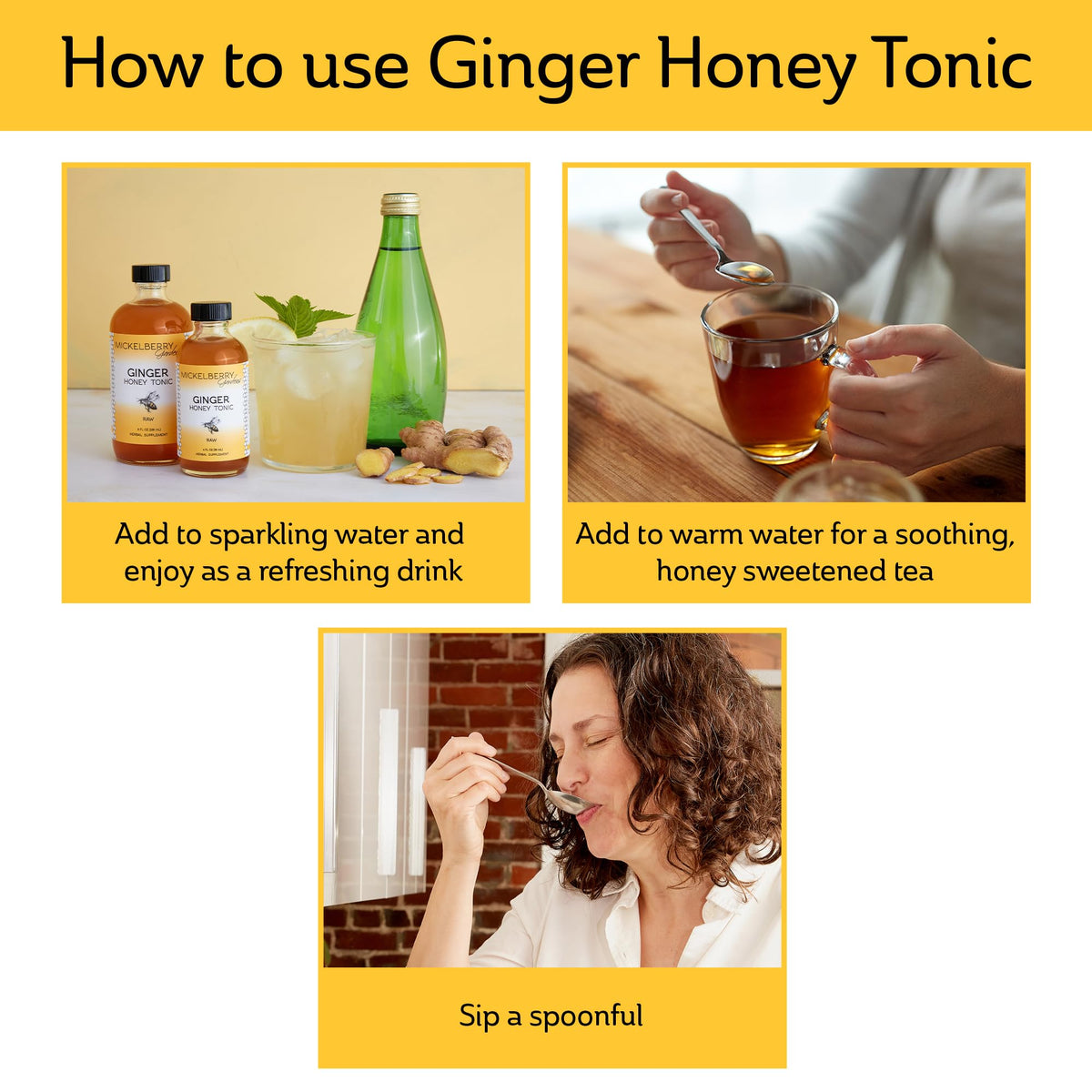 Mickelberry Gardens bottle label close-up highlighting organic ginger and sustainable sourcing