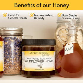 Mickelberry Gardens honey label closeup shows Grade A, pure, unfiltered quality.