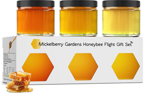 Mickelberry Gardens Honeybee Flight Gift Set: three 3-oz jars, ideal for tea lovers and honey enthusiasts.