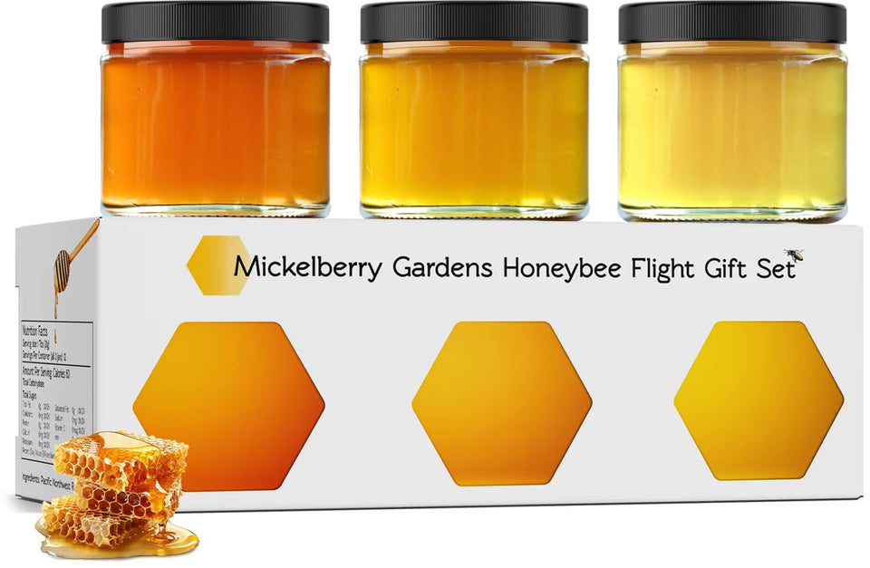 Mickelberry Gardens Honeybee Flight Gift Set: three 3-oz jars, ideal for tea lovers and honey enthusiasts.