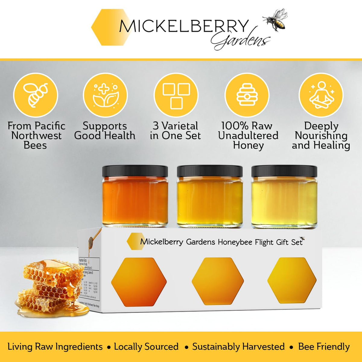 Mickelberry Gardens light wildflower honey jar highlights delicate floral notes.